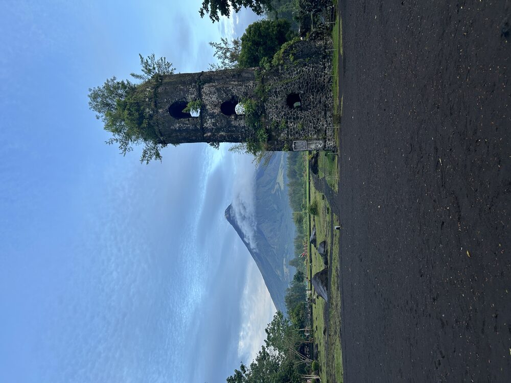 The Cagsawa belfry with Mayon Volcano behind