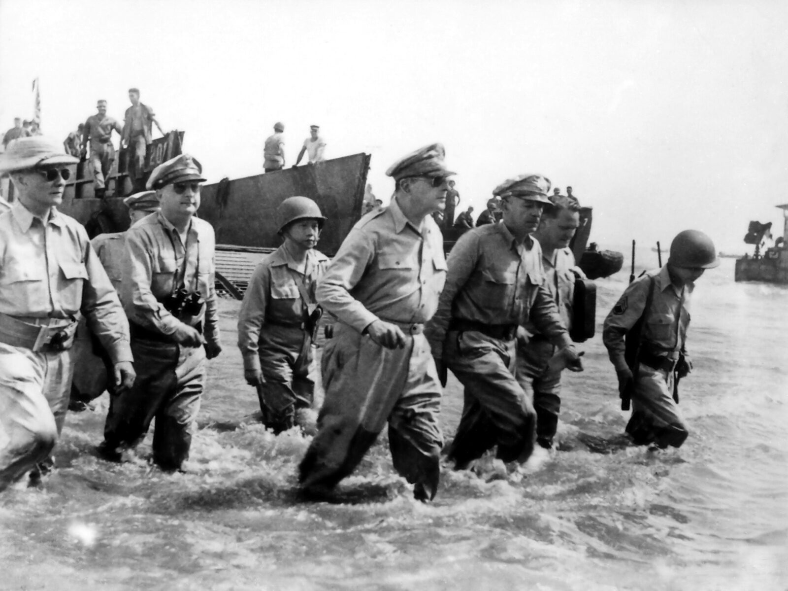 General Douglas MacArthur wading ashore at Leyte in October 1944